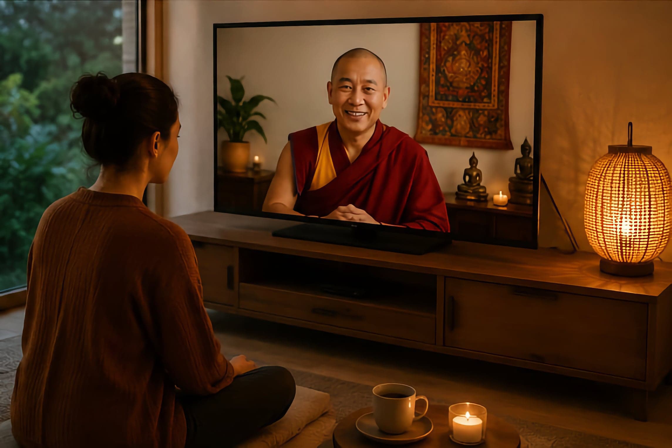 A person connecting with a Buddhist monk over video call